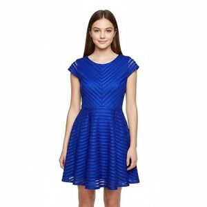 Electric Blue Mesh Stripe Cap Sleeve Fit Flare Dress Party Cocktail Trendy HOCO
